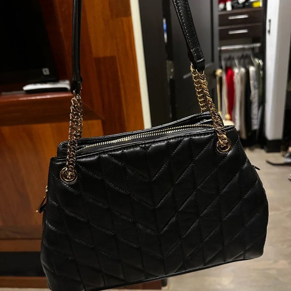 Karl Lagerfeld Black Quilted Shoulder Bag with Gold Chain Detail